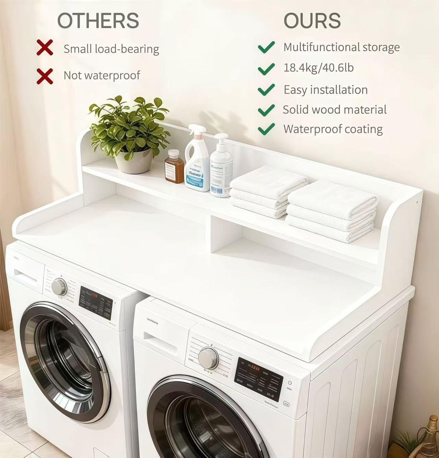 NAT Maya 2-Tier Washer and Dryer Countertop, 54″ W x 27.6″ D Laundry Room Org…