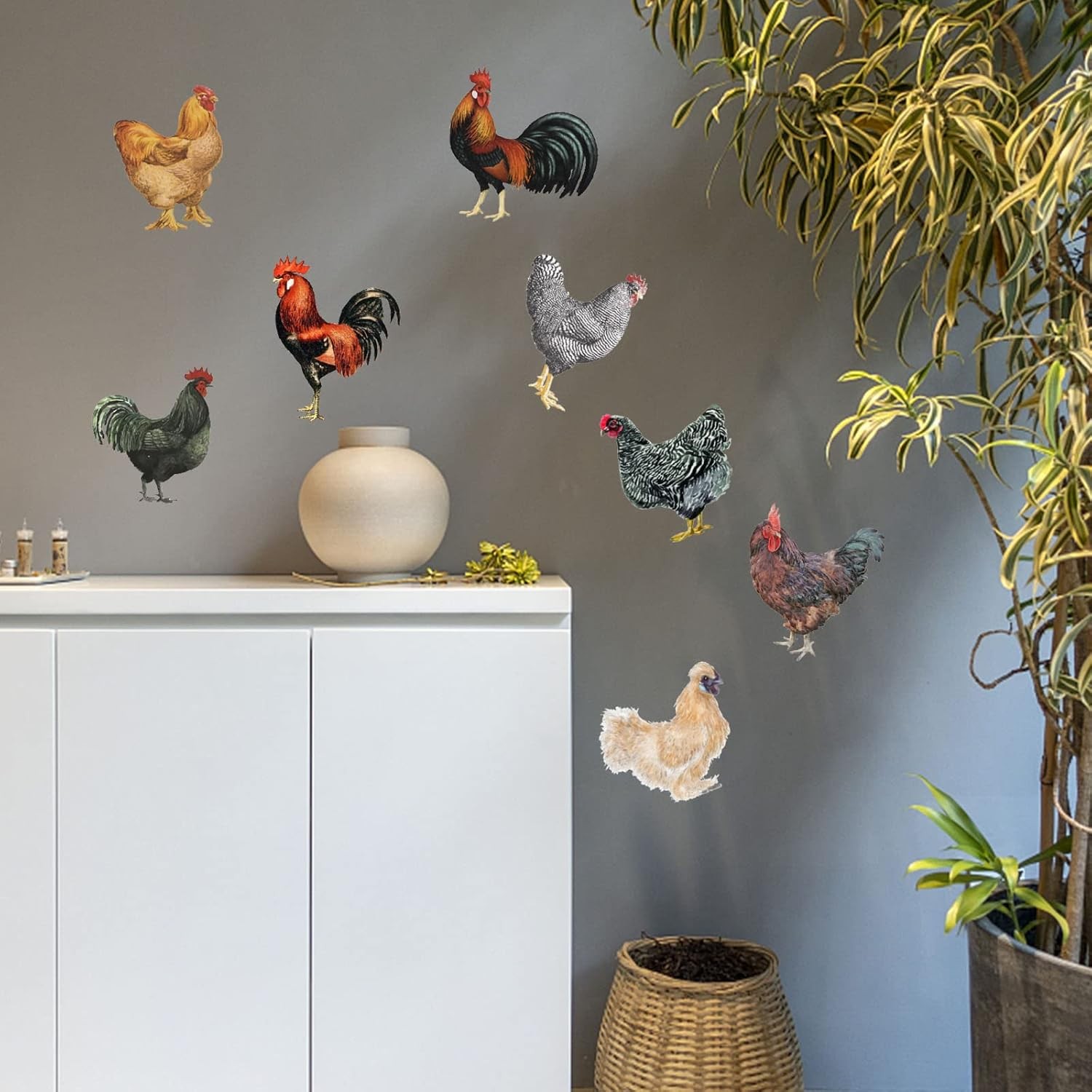 PLIGREAT 8 Pcs Roosters Hens Wall Stickers, Removable Vinyl Peel Rooster Hen
