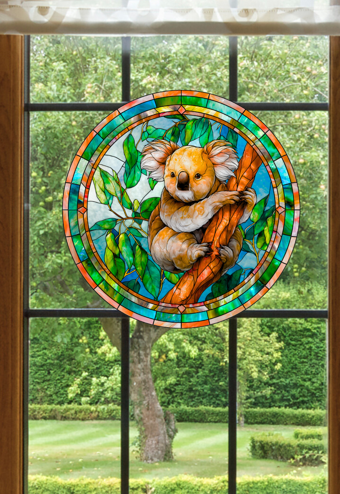 Koala Bear Faux Stained-Glass WINDOW CLING Size 8″ Round Repositionable Vinyl