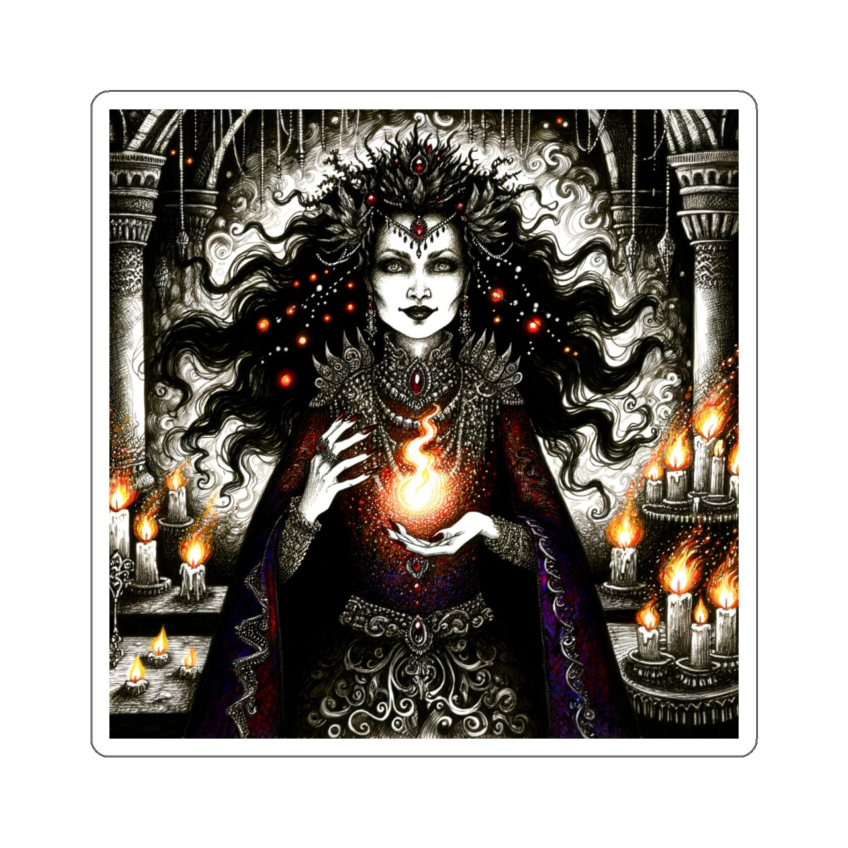 Sticker Gothic Goddess Dark Elegance Pen Ink 2×2 3×3 4×4 6×6