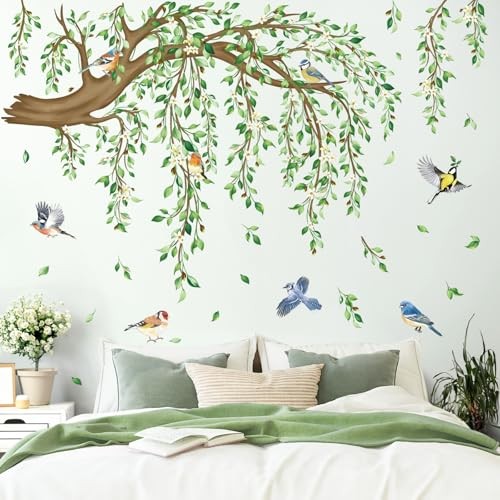 decalmile Hanging Vine Wall Decals Tree Branch Green Leaf Flower Birds Decor