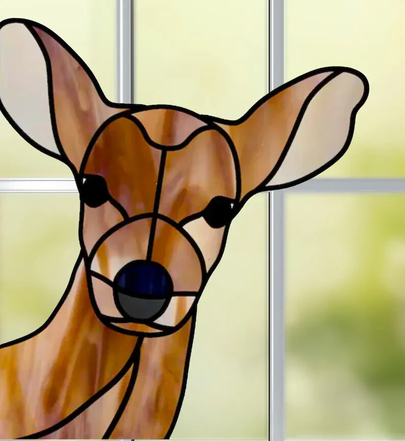 Peeking Deer Faux Stained-Glass WINDOW CLING Size 9.8″ Repositionable Vinyl