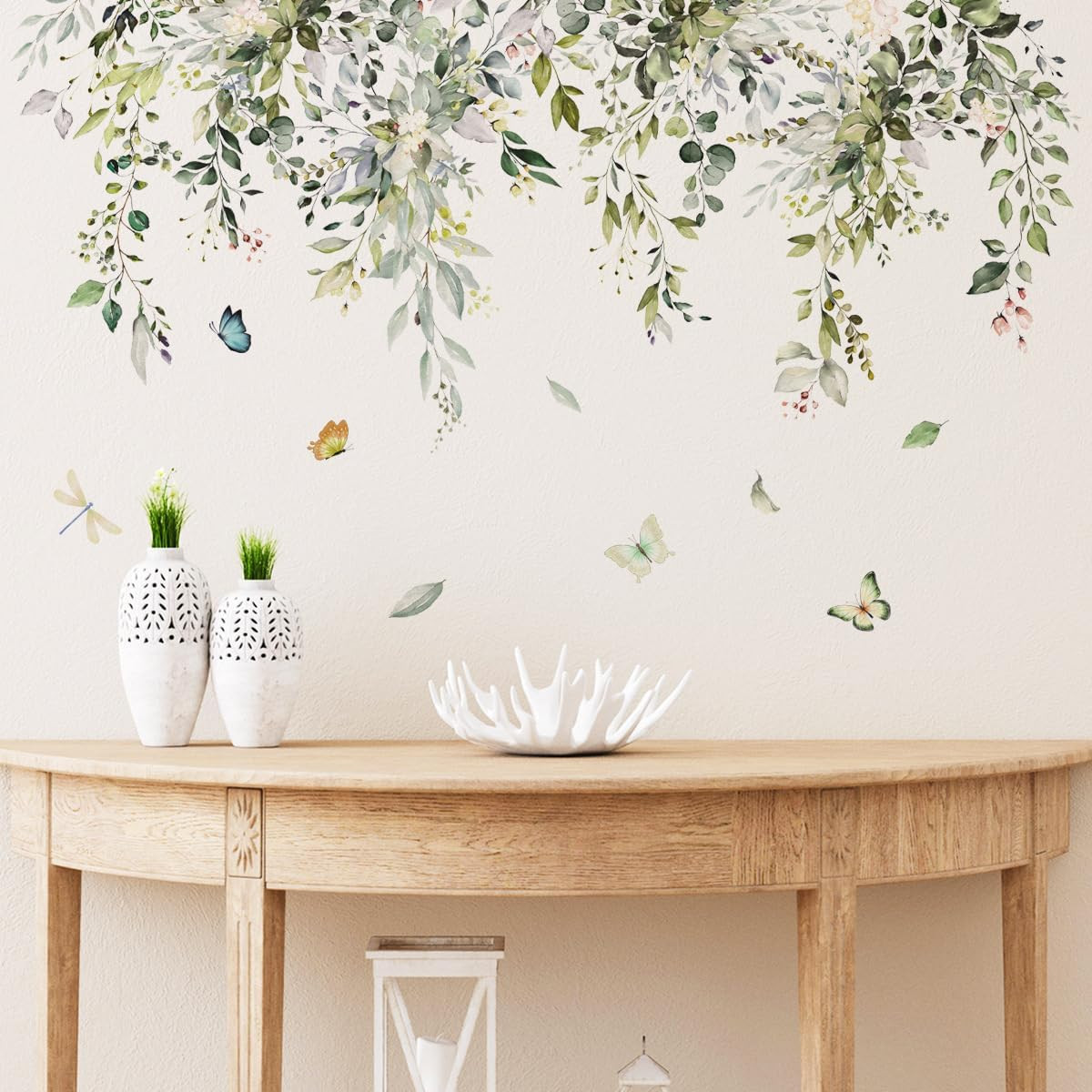 Green Leaf Wall Decals Hanging Vine Stickers Flower Butterfly Wall Art Decor