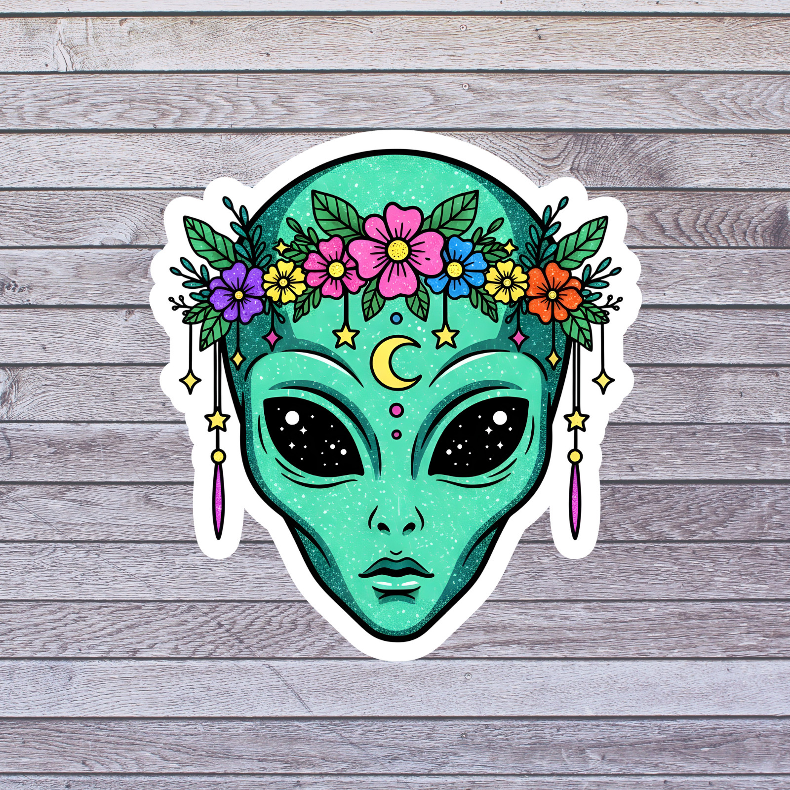 Alien sticker vinyl decal floral crowned alien moon stars celestial face