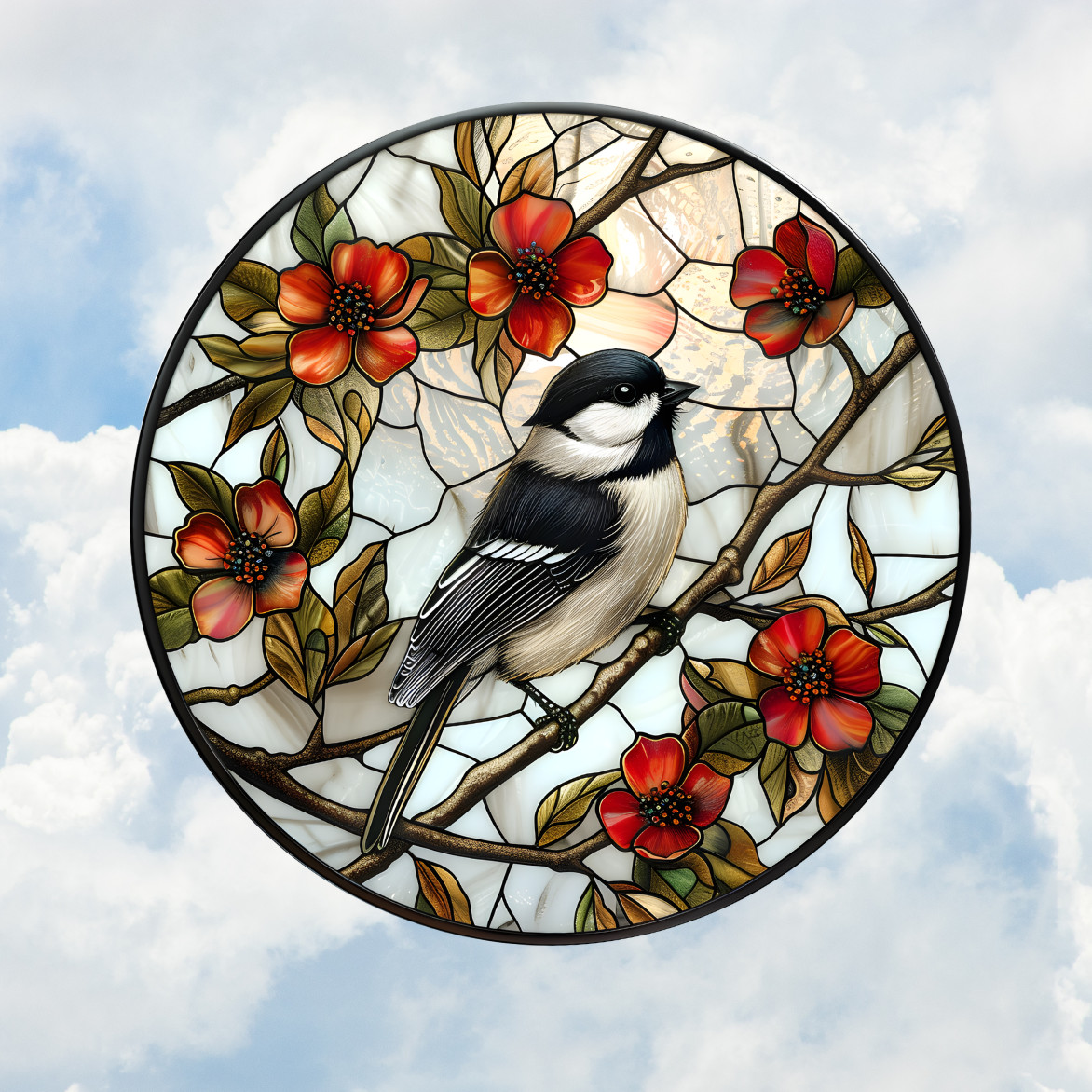 Chickadee Bird on Branch WINDOW CLING Size 8″ Round Repositionable Vinyl