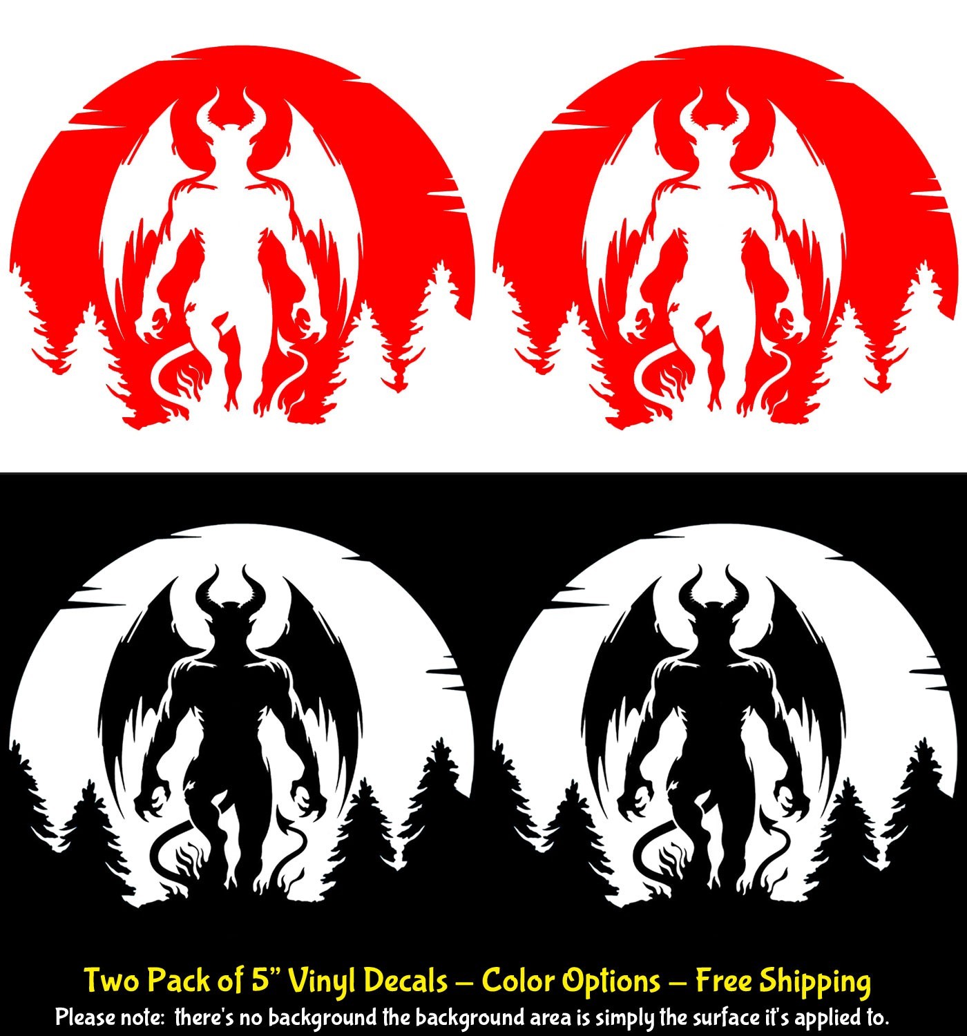 Devil Satan Fire Full Moon Forest 2 Pk 5″ Vinyl Decals Window Any Flat Surface