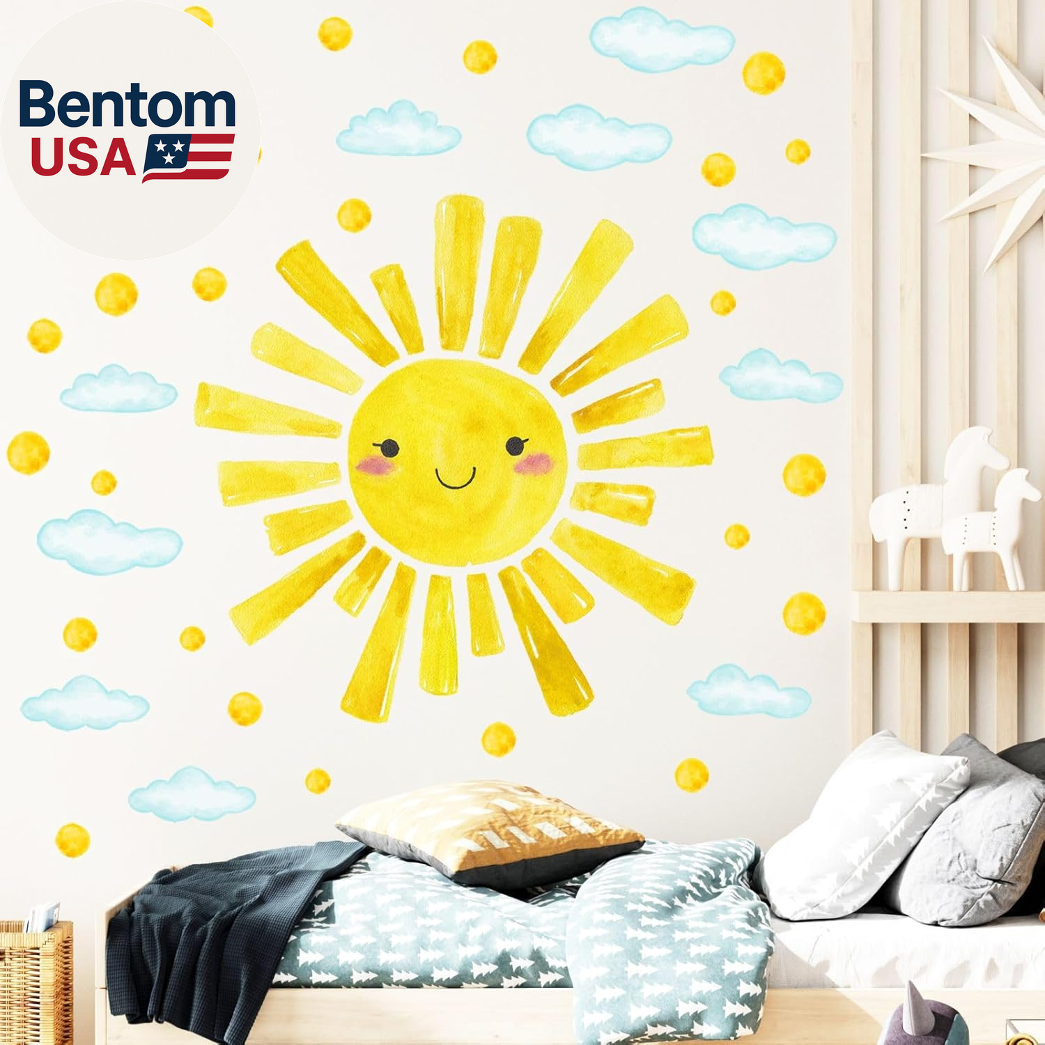 Watercolor Large Sun Wall Decals Cloud Polka Dots Wall Stickers for Kids Room, 1