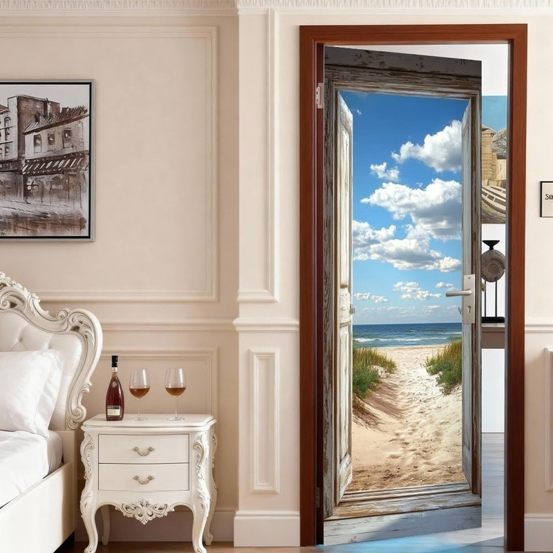 Beach Door Mural Rustic Ocean View Door Sticker Seaside Path Home Decoration New