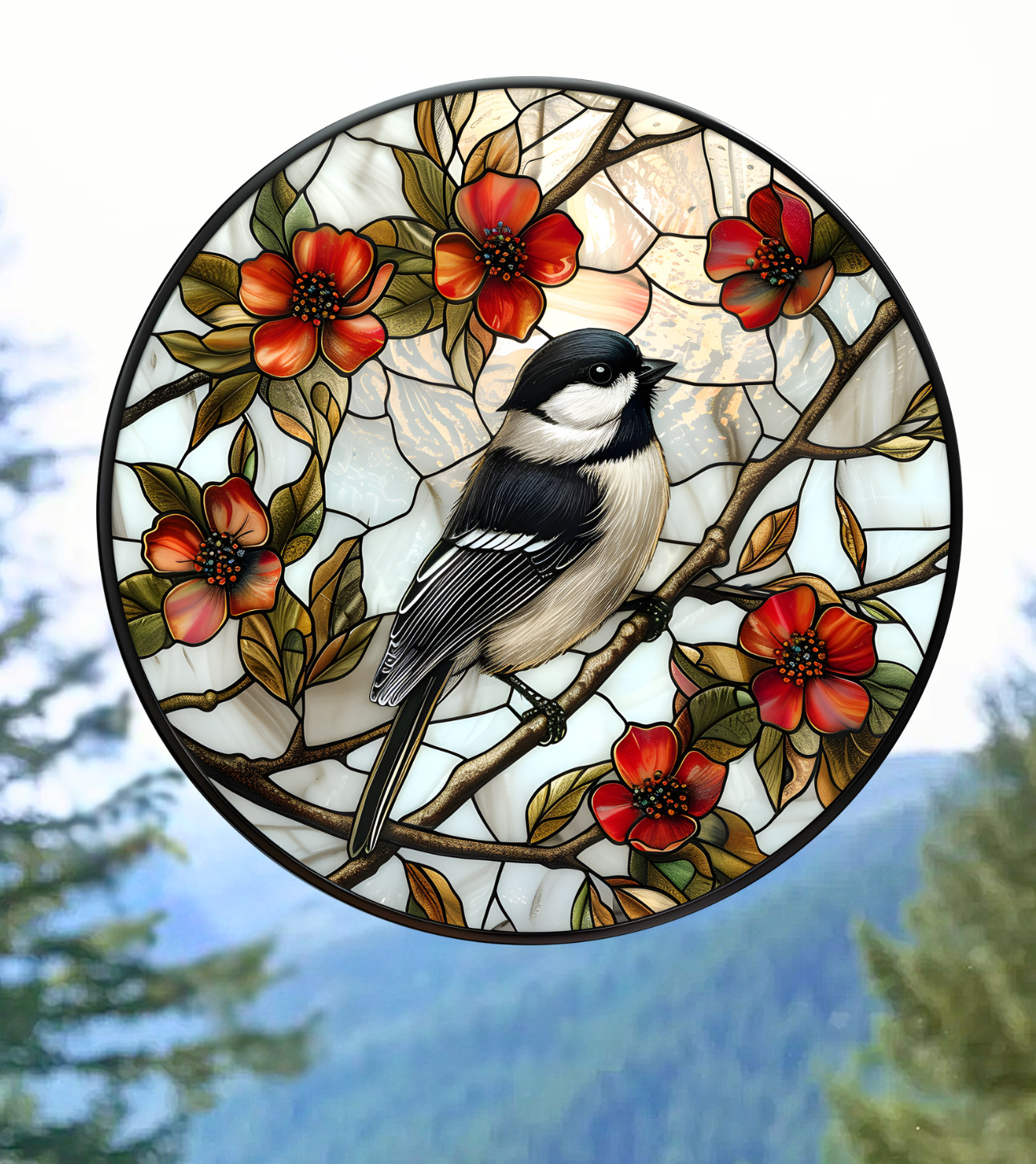 Chickadee Bird on Branch WINDOW CLING Size 8″ Round Repositionable Vinyl