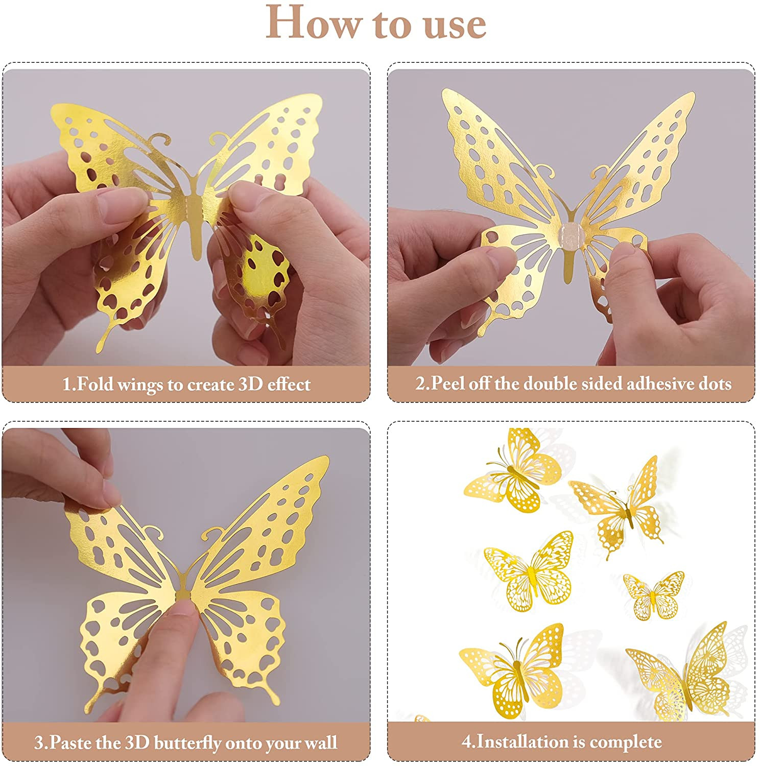 48PCS De Decoraci�N De Pared De Mariposas 3D, Mariposa Morada,4 Estilos, 3 Tama�