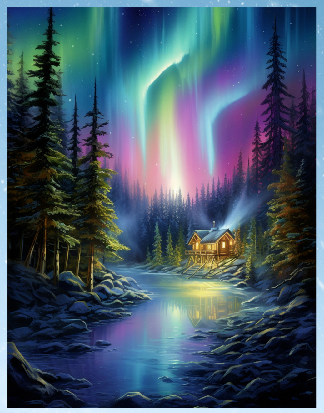 Northern Lights, Scenic River with Cabin WINDOW CLING Size 10.4″ Vinyl