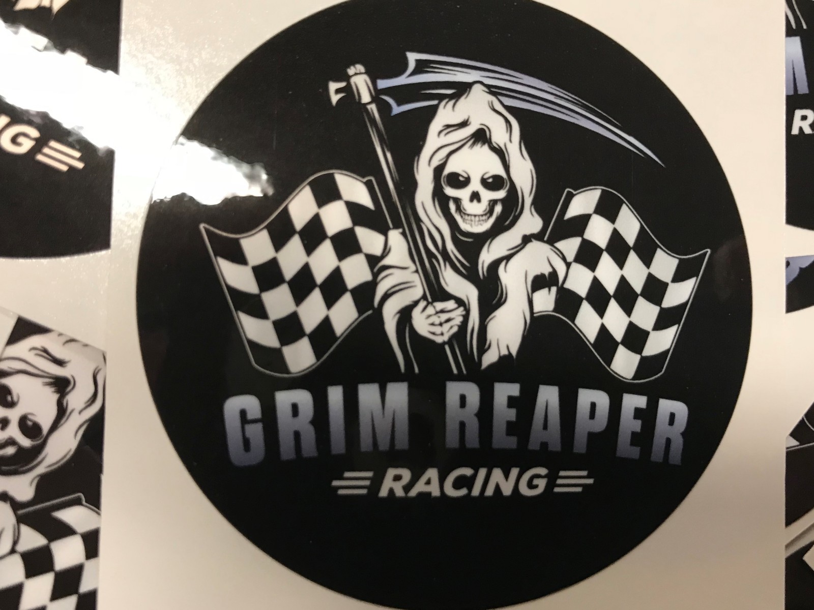 2 Grim Reaper Racing skull skeleton Sticker metal checkered flag fast cars black