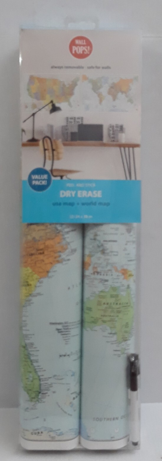 Wall Pops Peel and Stick Dry Erase USA & WORLD Map 24×36 each