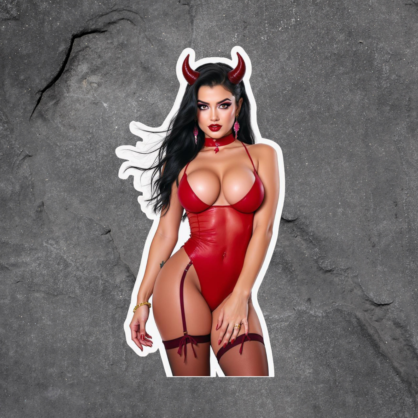 Pinup Girl Sticker Vinyl Decal Devil Horns Red Lingerie Black Hair Sexy