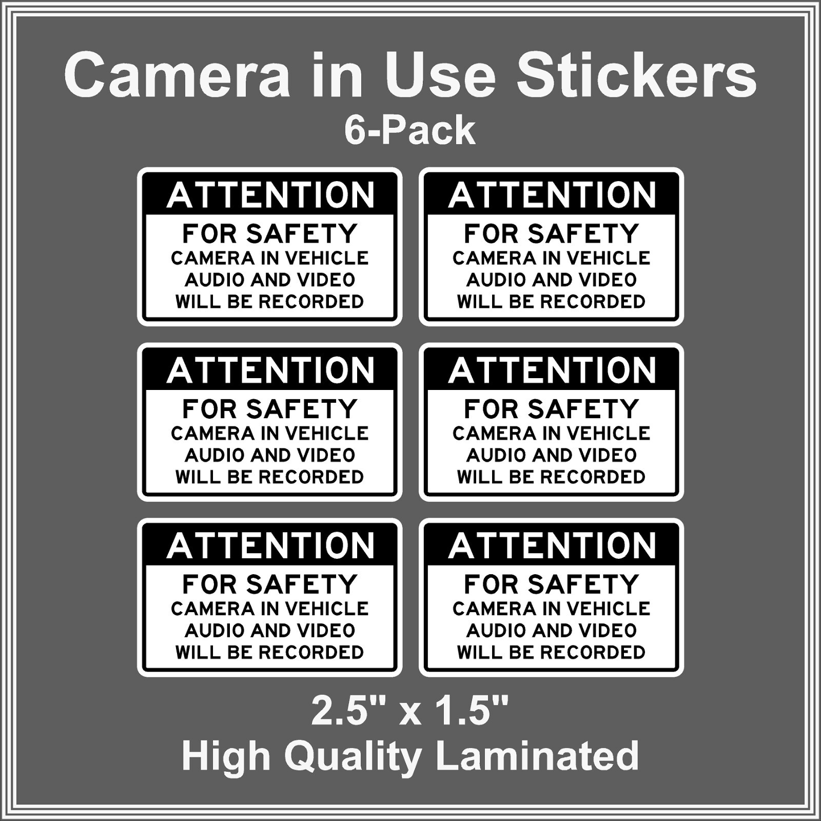 Camera in Car Recording Video 6-Pack Decals Black & White 2.5″ x 1.5″ for Uber