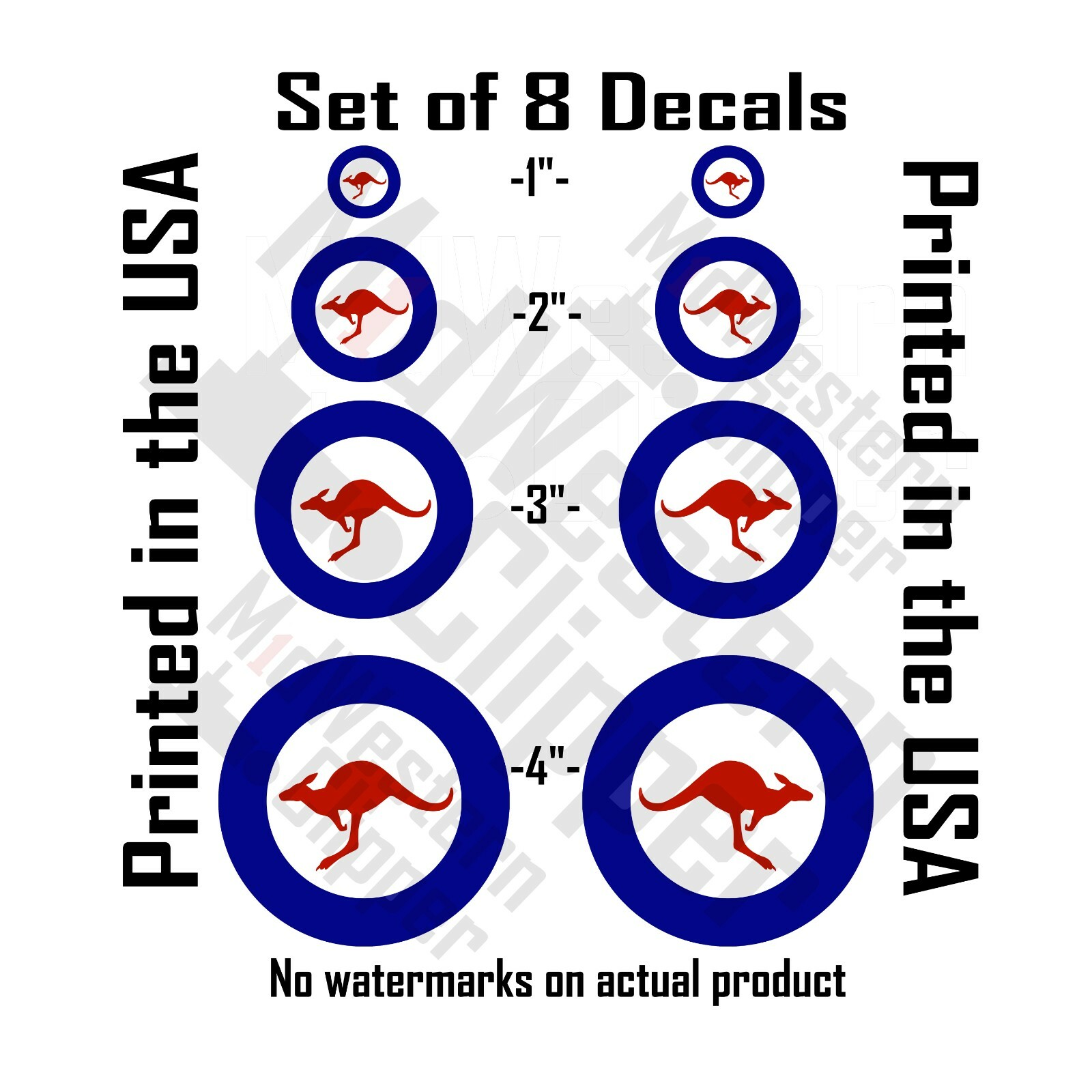 8 Australia RAAF decal roundels 2 x1″ 2″ 3″ 4″ stickers. left + right roo