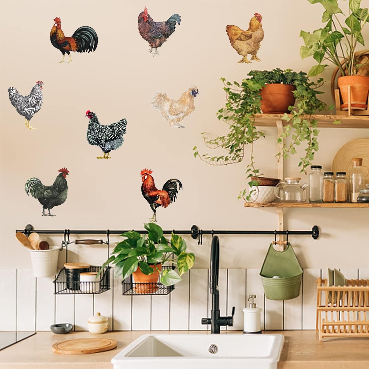 PLIGREAT 8 Pcs Roosters Hens Wall Stickers, Removable Vinyl Peel Rooster Hen