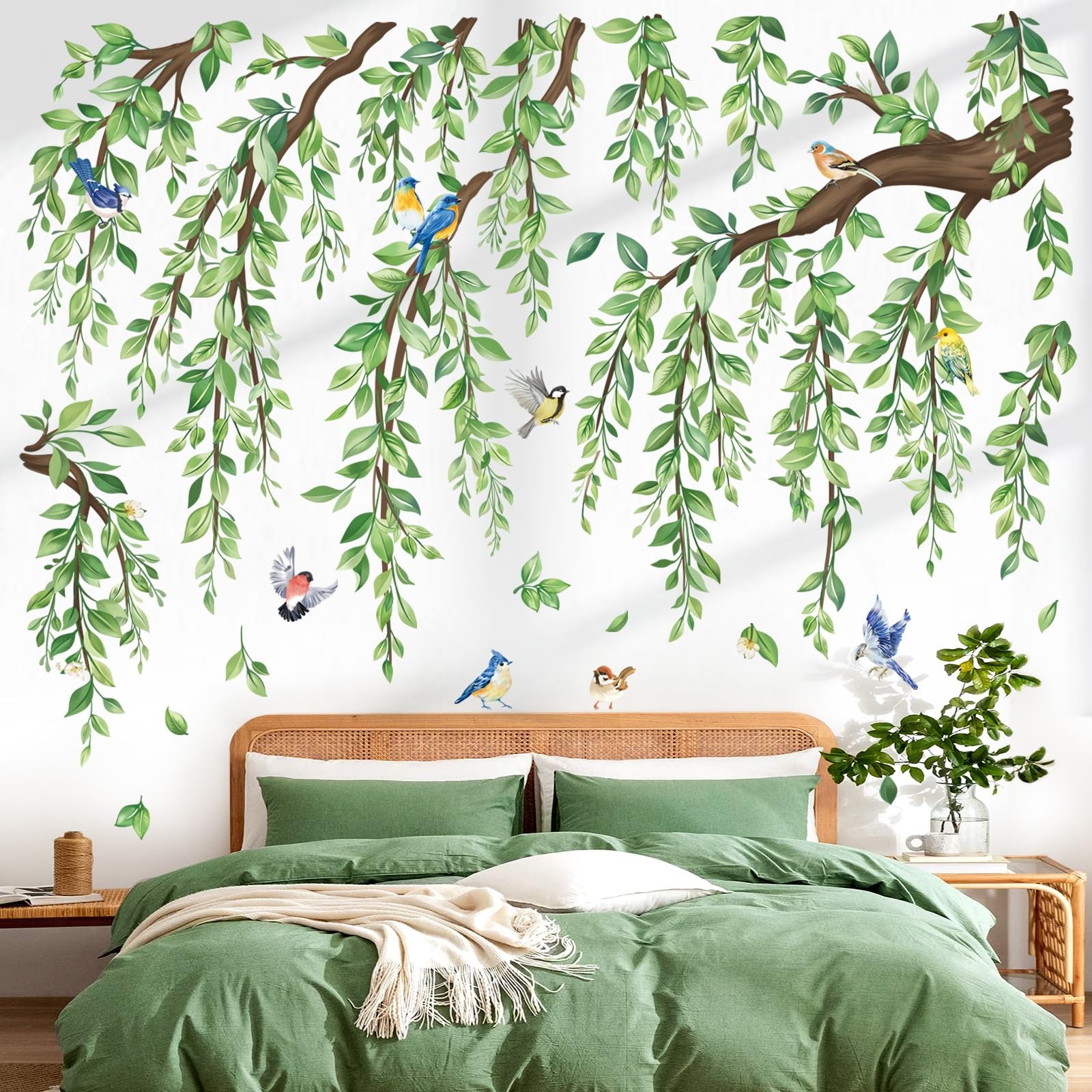 Large Green Tree Branch Wall Stickers Hanging Vine Leaf Peel and Stick Wall A…