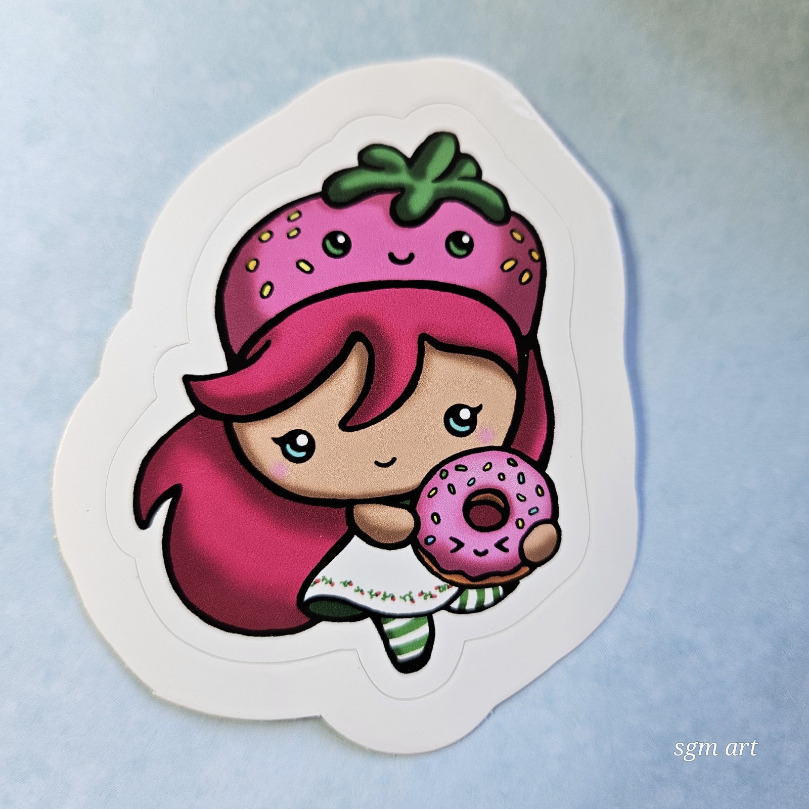 Cute Waterproof Vinyl Sticker of Strawberry girl with donut