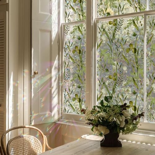 Rainbow Watercolor Green Leaves Window Film, Privacy Iridescent Static Cling