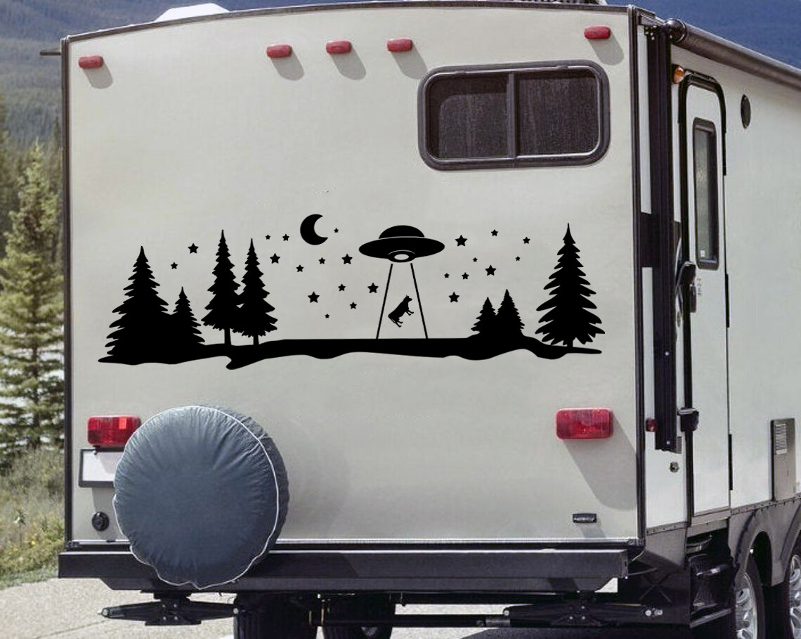 Cow Abduction UFO Moon Stars Vinyl Decal – Camping RV Travel Trailer Scene