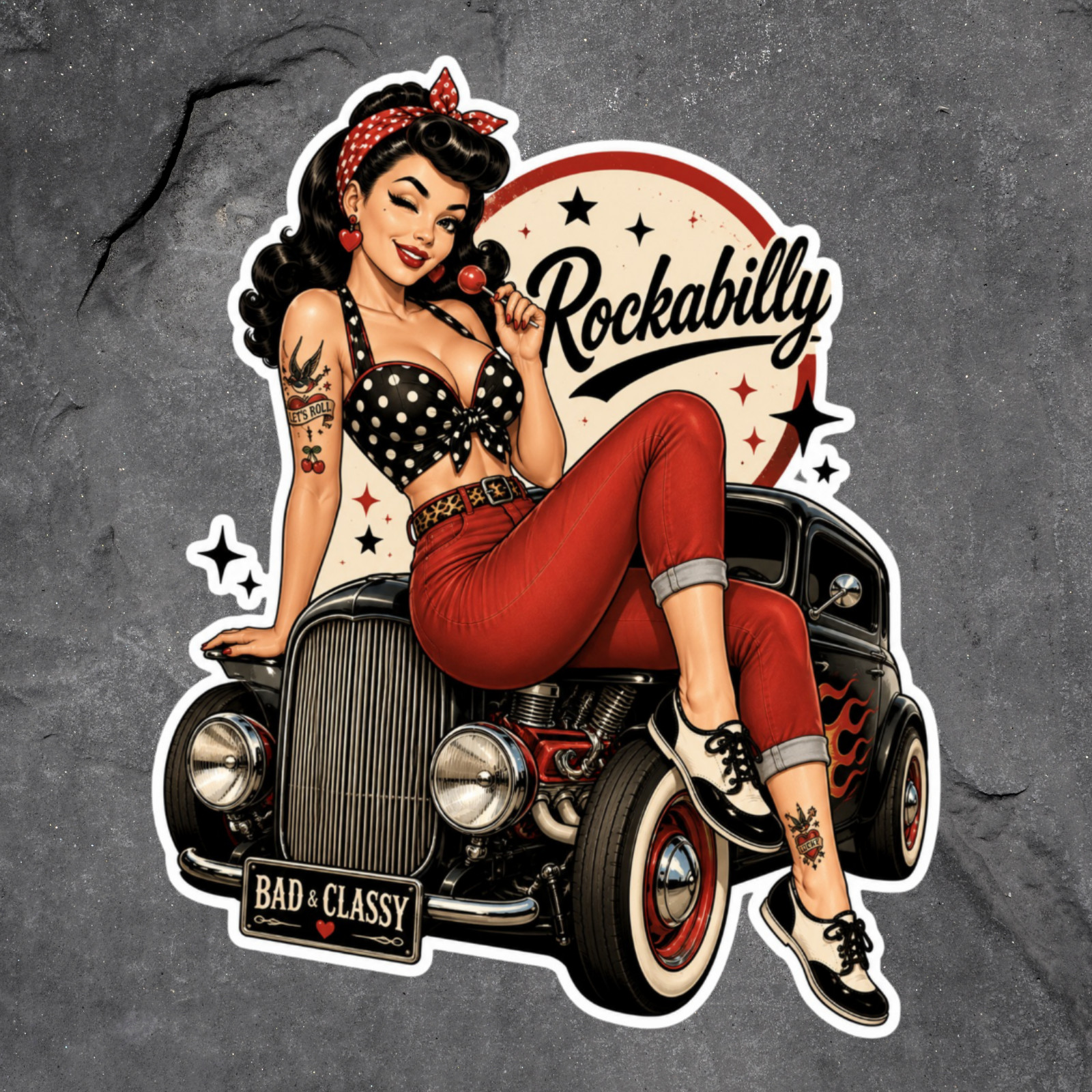 Rockabilly Sticker Vinyl Decal Pinup Girl Hot Rod Classic Car Retro Tattoo