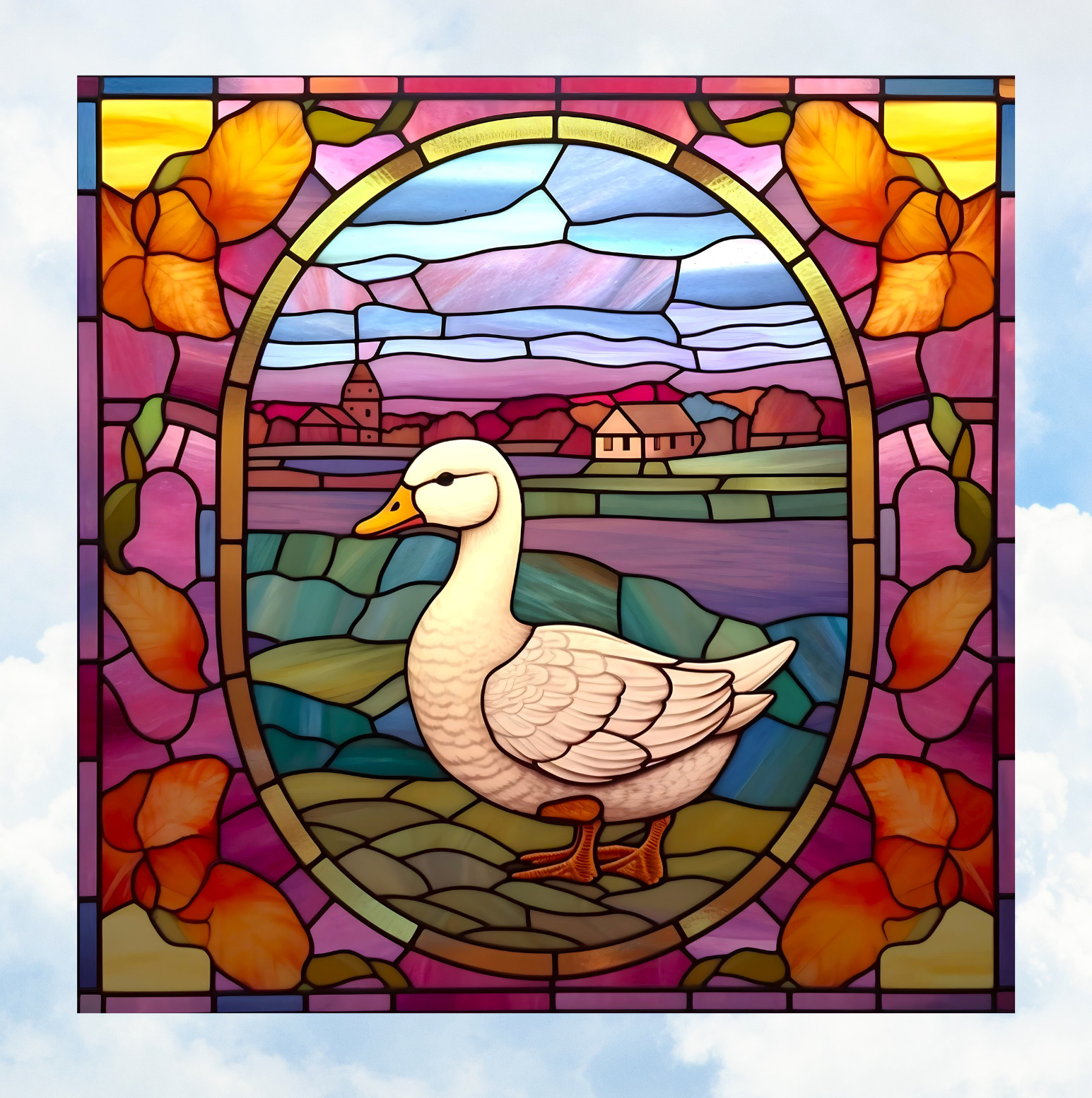 White Goose Faux Stained-Glass WINDOW CLING Size 8″ Square Vinyl