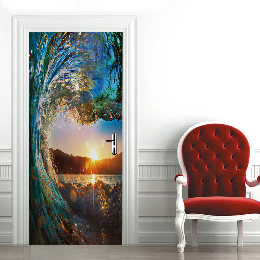 Door, Wall STICKER – Sea Wave Sunset Scenery 3D Waterproof Murals Decal Cover