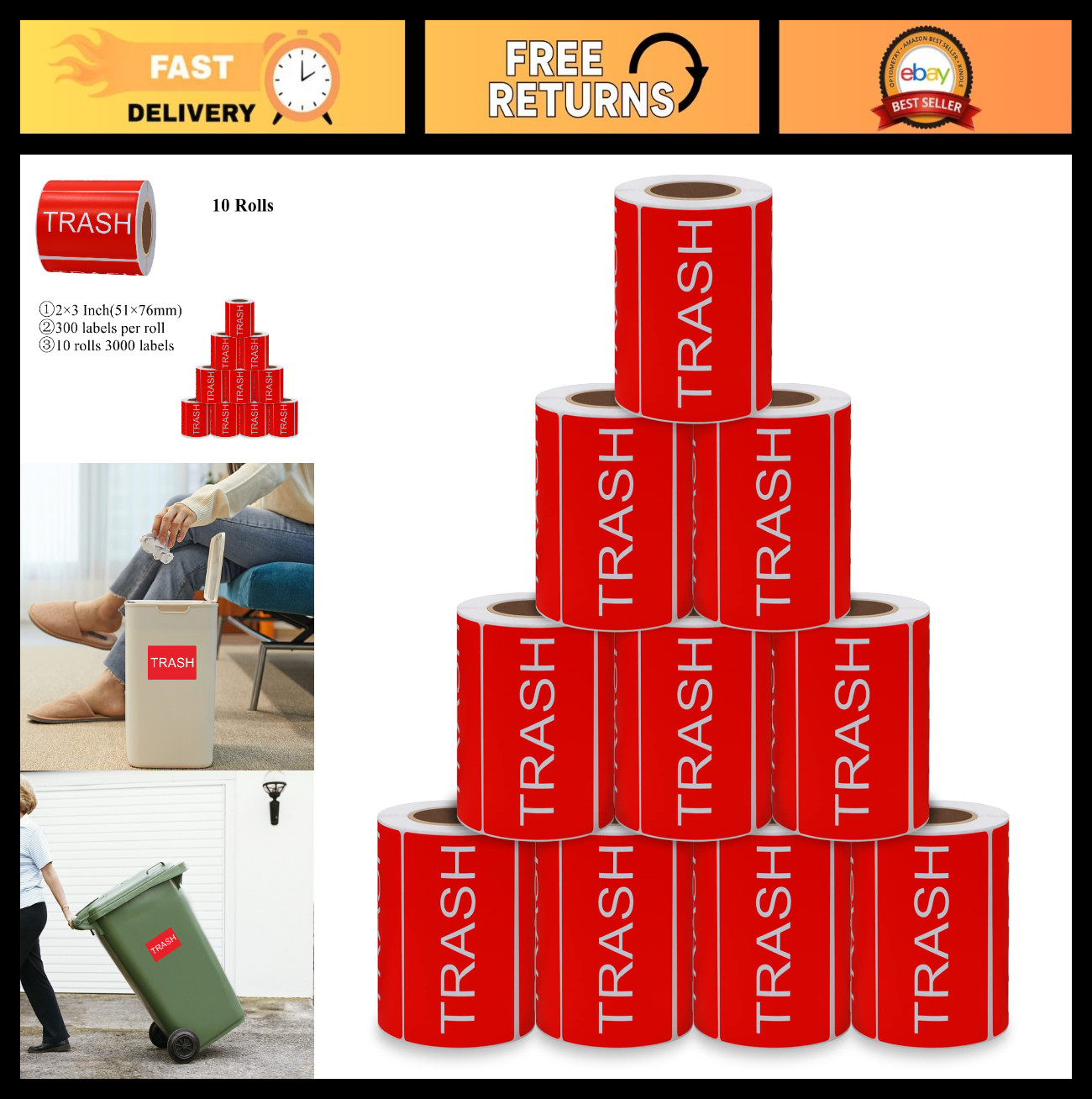 Large Red Trash Stickers 2×3 Inch – 300 Adhesive Labels for Disposal & Trash Can