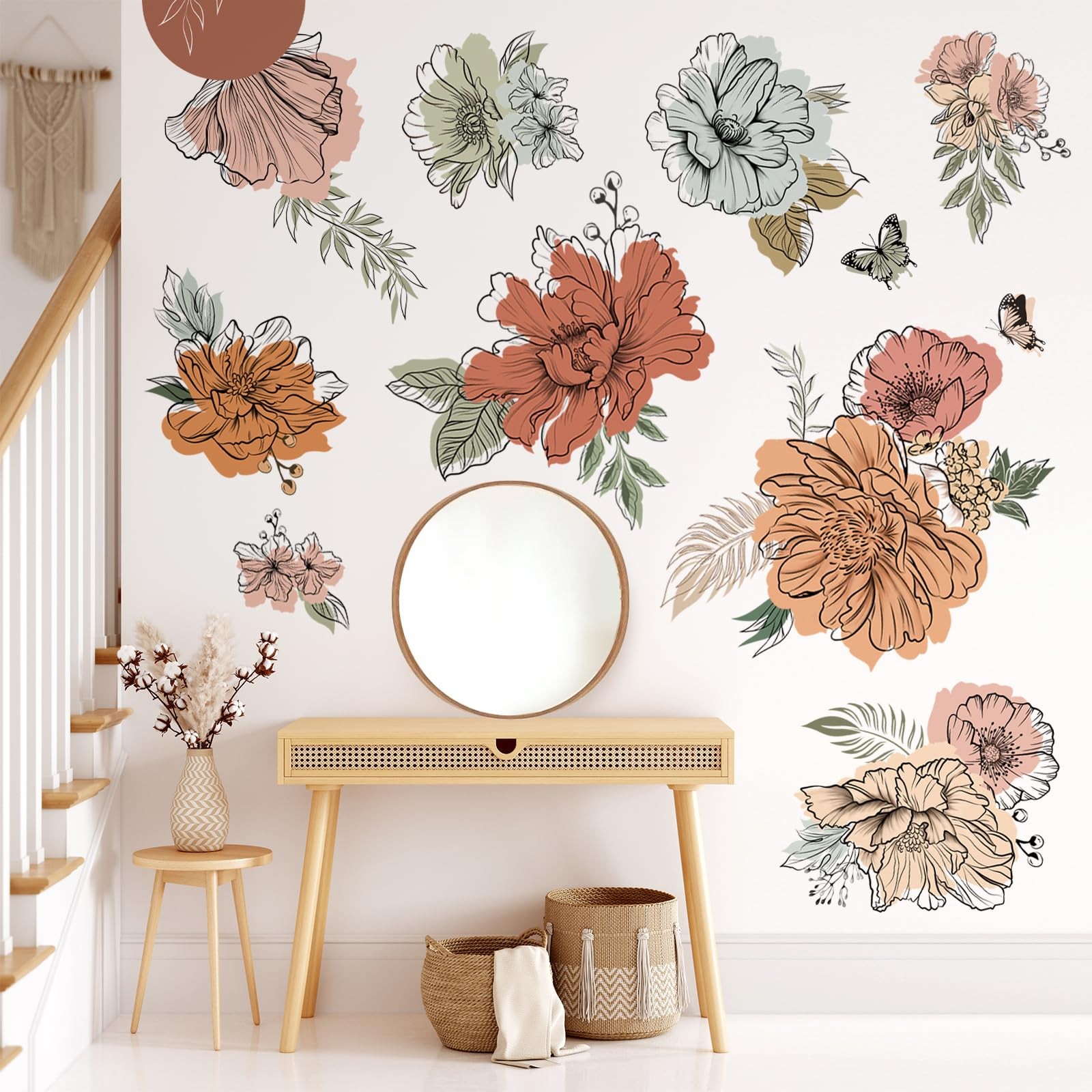 Boho Vintage Large Flower Wall Decals Bohemian Floral Sun Butterfly Wall Stic…