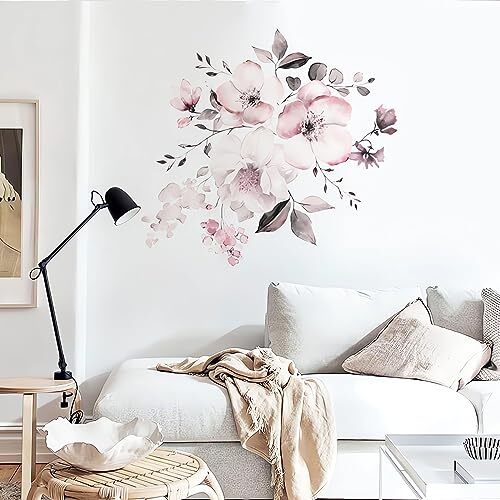 Peony Rose Flower Wall Stickers, Watercolor Romantic Floral Art Wall Pink