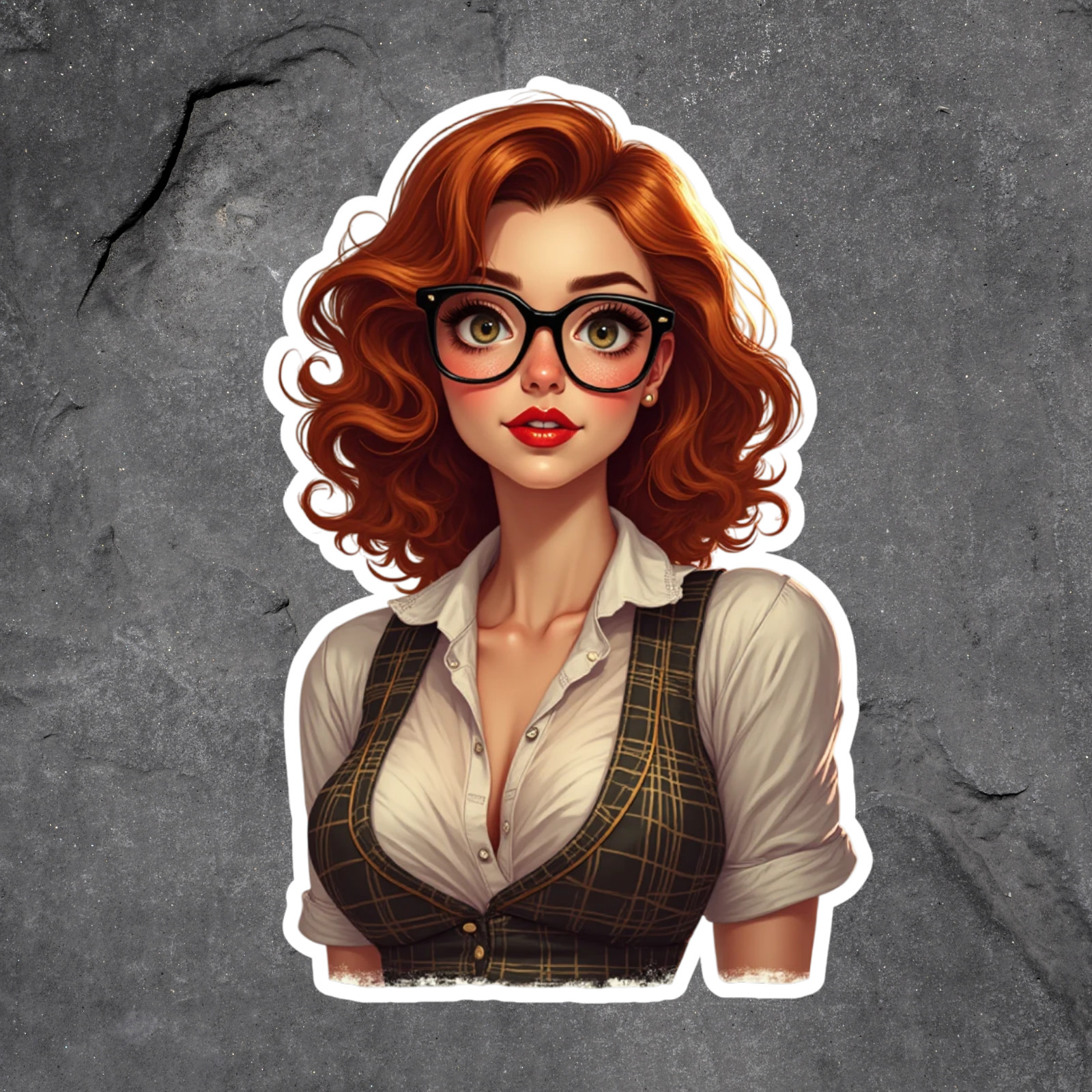 Pinup girl sticker vinyl decal redhead secretary with glasses plaid vest blouse