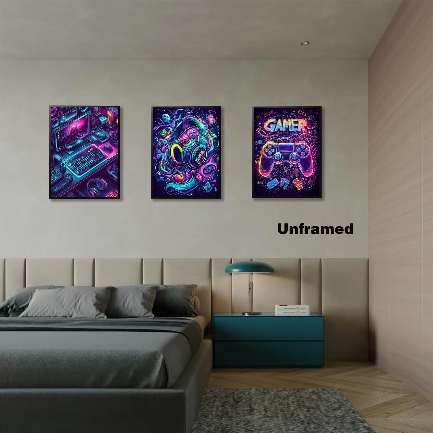 GAMER Gaming Room Canvas Wall Art Set of 3, Game Posters Wall Decor, Gamer Pa…