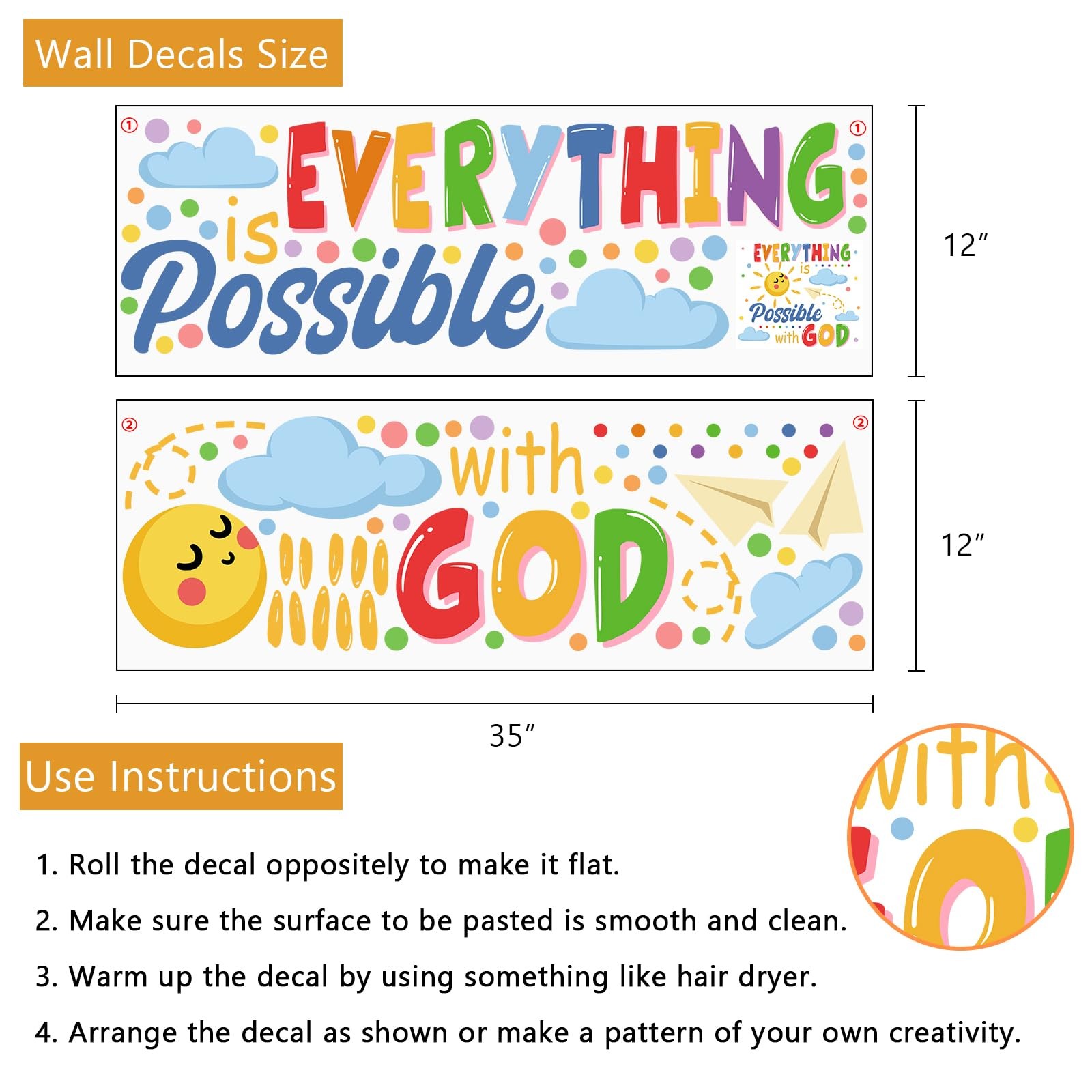 Inspirational Everything is Possible with God Wall Decals Stickers, Colorful …