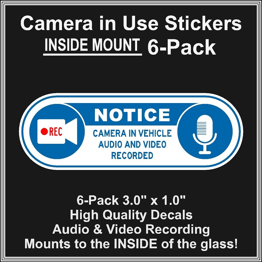 Camera in Car Recording Video 6-Pack INSIDE MOUNT Decals Blue White 3.0″ x 1.0″
