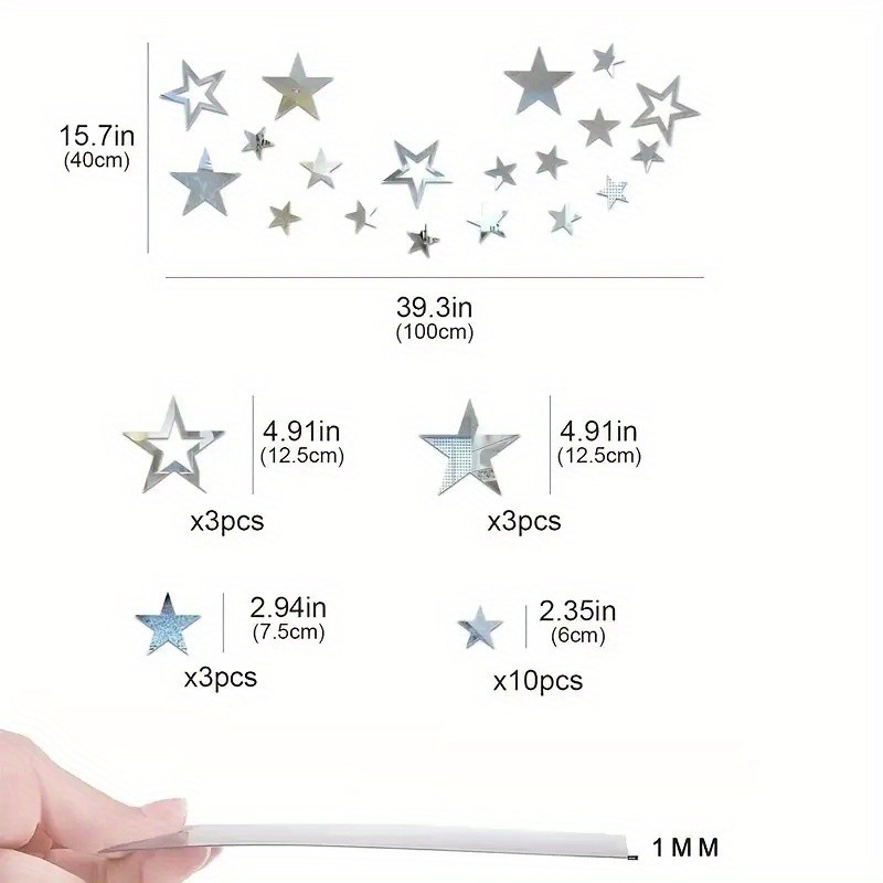 19/38Pcs Star Acrylic Mirror Wall Stickers Removable Reflective Home Art Decor