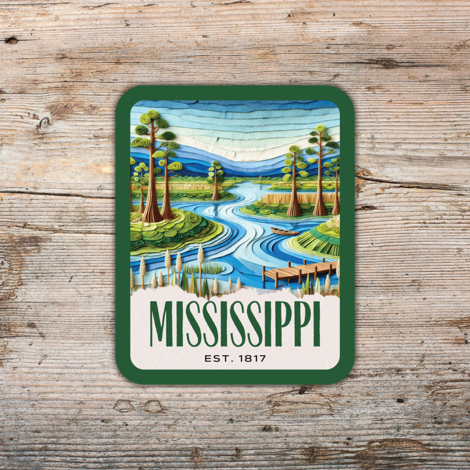 Mississippi State Sticker, Paper Collage Look, Scenic Bayou Vinyl Decal