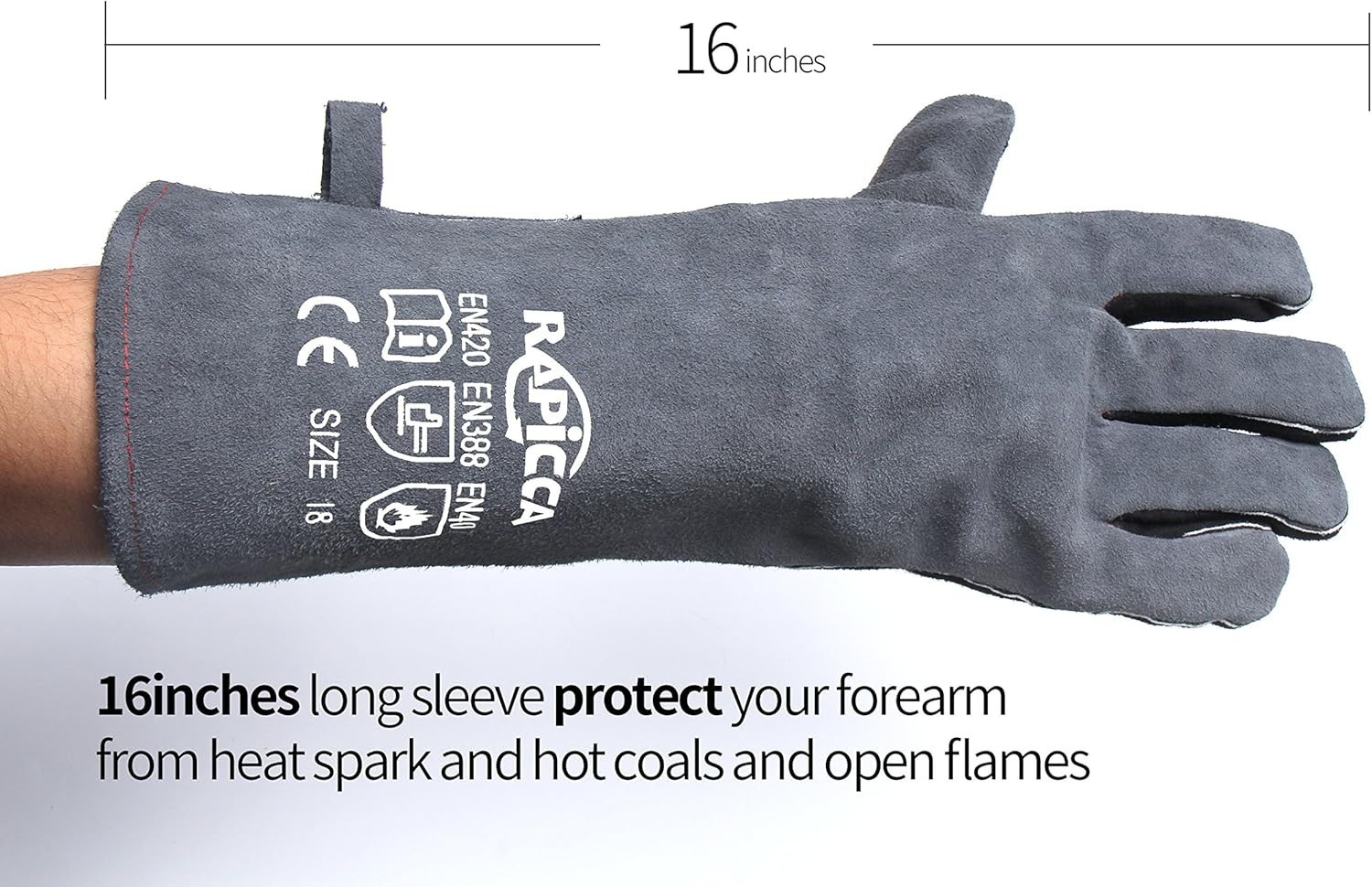 Fireplace Gloves Fire Heat Resistant: Grey 16IN 662℉- Fireproof Leather for Fi