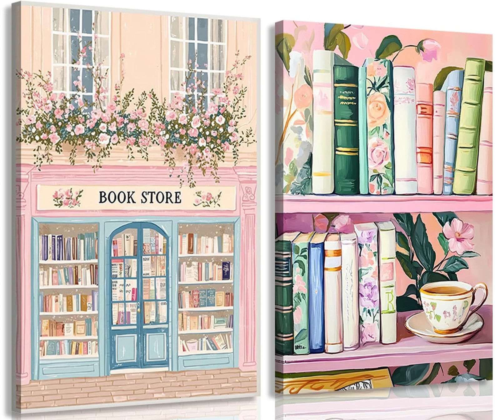 2Pcs Books Canvas Wall Art Vintage Floral Book Wall Decor Pictures Pastel Boo…
