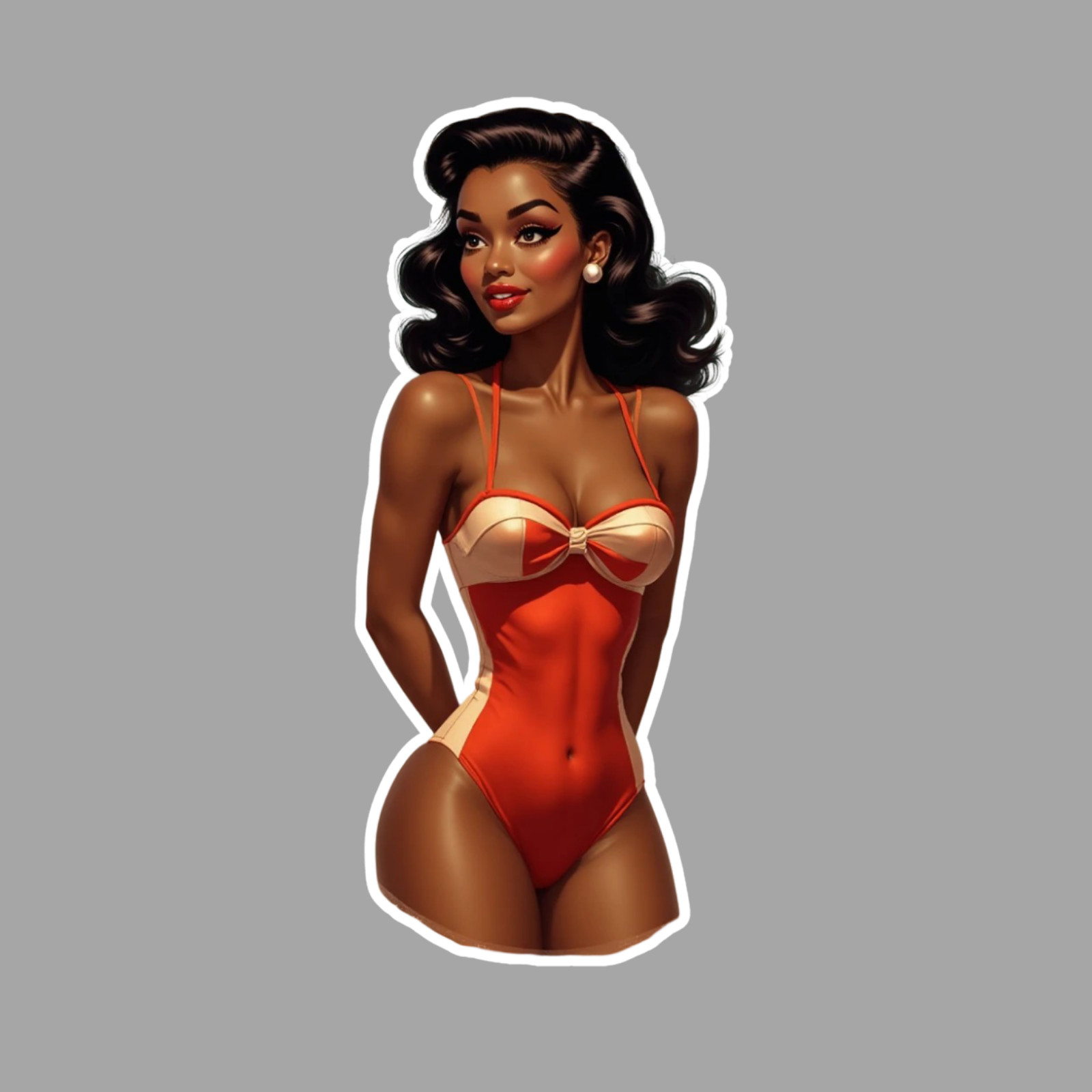 Pinup Girl Sticker Vinyl Decal Curvy Black Swimsuit Retro Red Cream Style