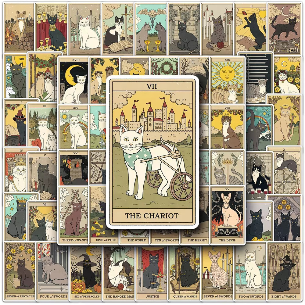 Vintage Cat Tarot Stickers – Funny PVC Decals for DIY Decor & Gifts (10-78PCS)