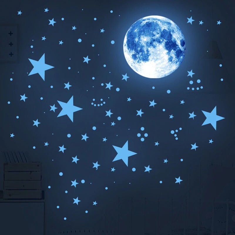 Glow in The Dark Moon and Stars Sticker Glowing Blue For Ceiling Decor 106Pcs