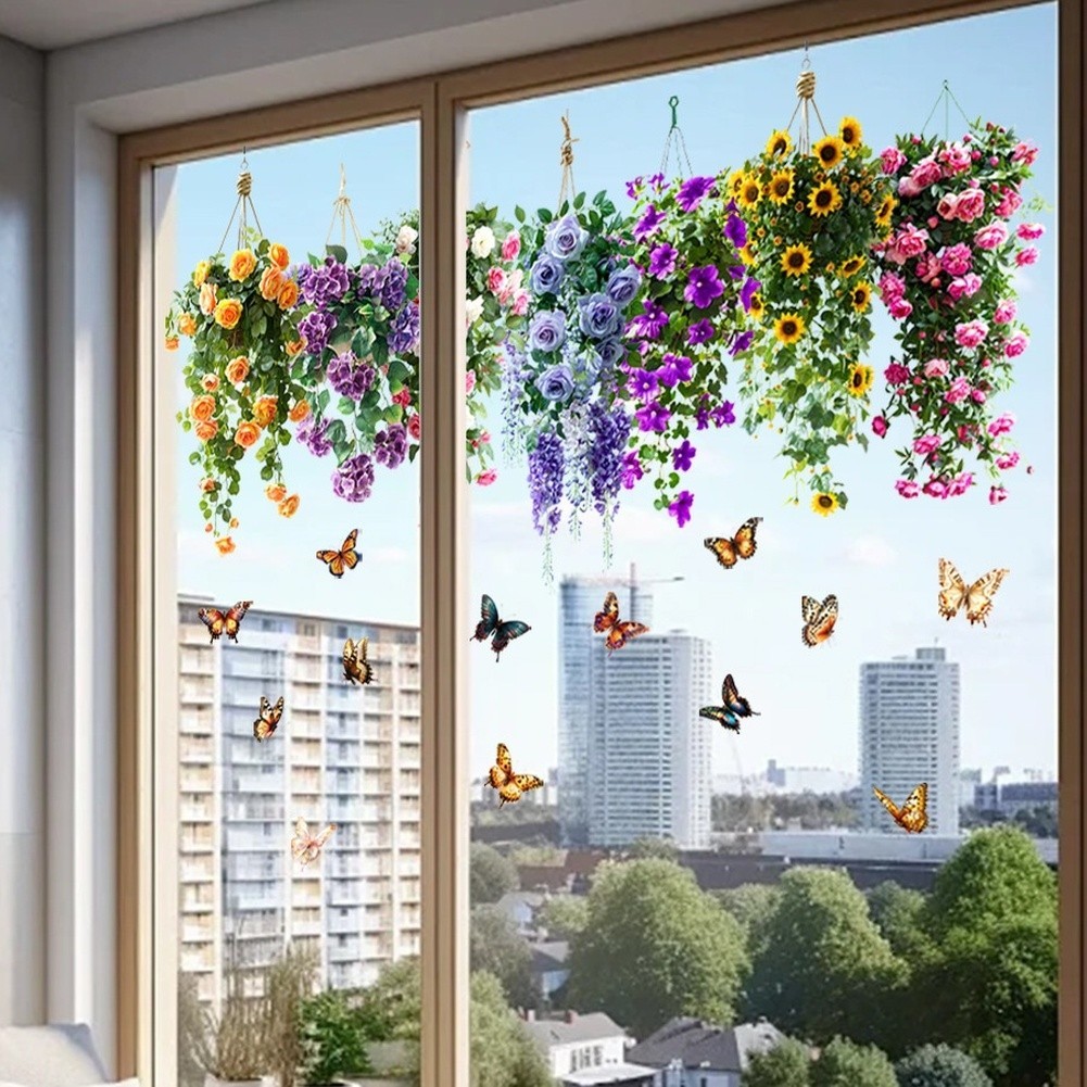 Floral Basket Birds Butterfly Static Cling Window Stickers Easy to Reposition