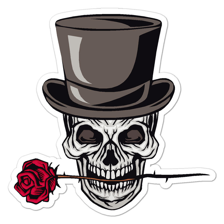 Skull Rose Top Hat, Vinyl Decal Sticker, Indoor Outdoor, 3 Sizes, #9002