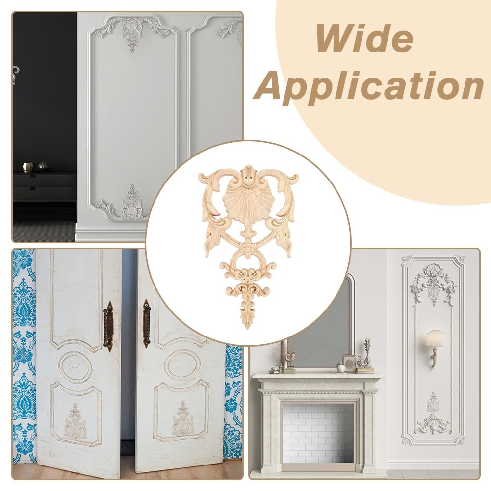 2PCS Carved Wood Appliques Onlays Wooden Decal Corner Frame 7.5×4.6inch Unpai…
