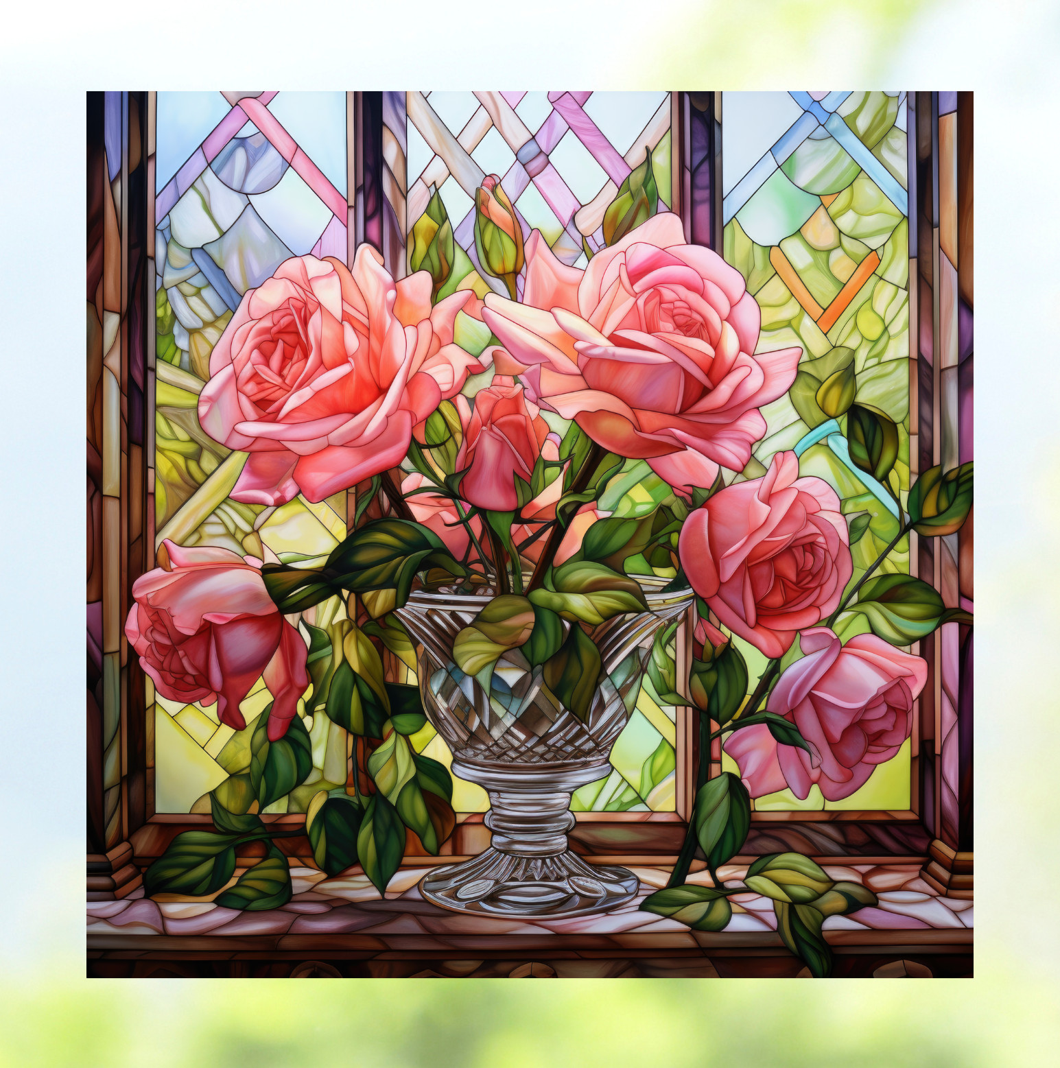 Elegant Pink Roses Faux Stained-Glass WINDOW CLING Size 8″ Vinyl