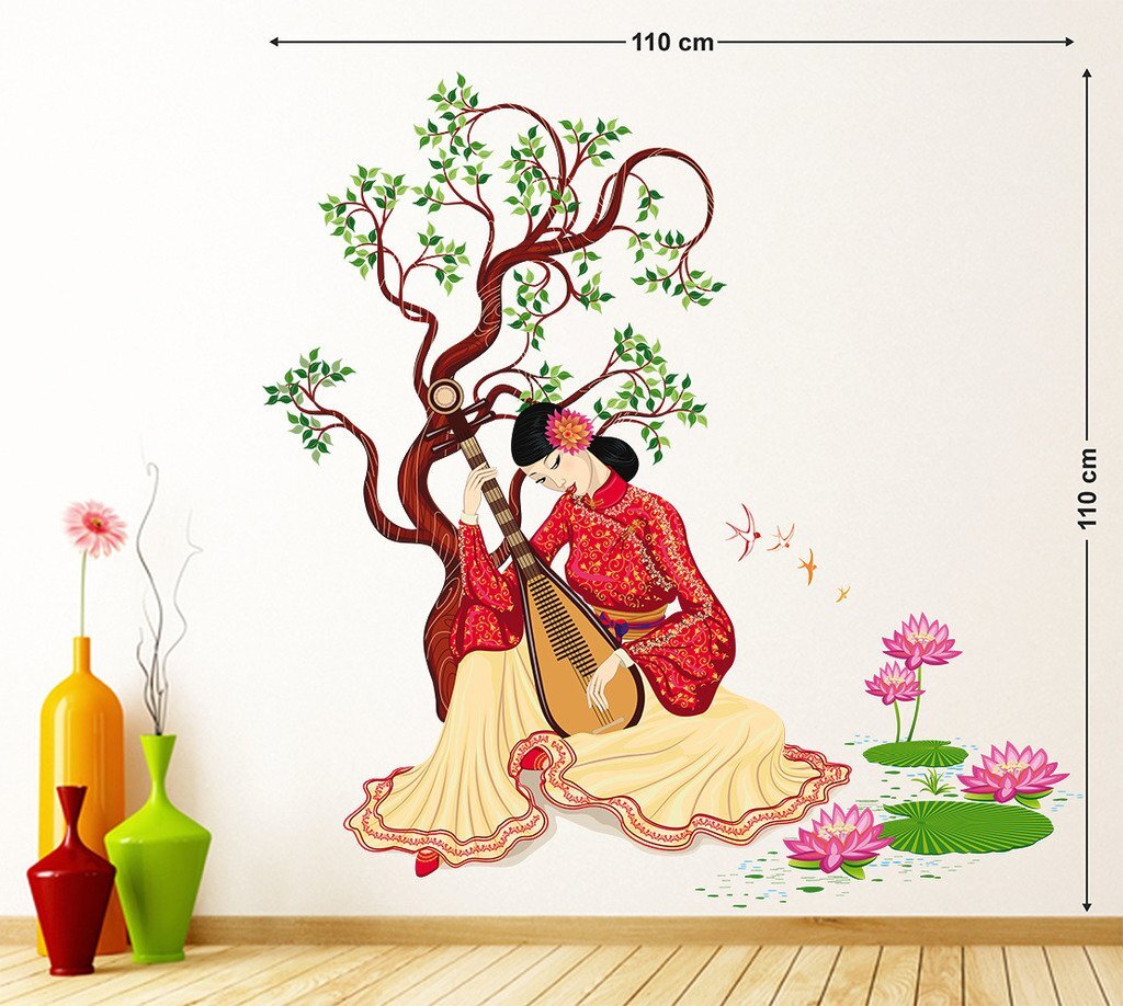 Wall Sticker Chinese Girl Playing Music Under Tree Art Poster Room Décor PVC