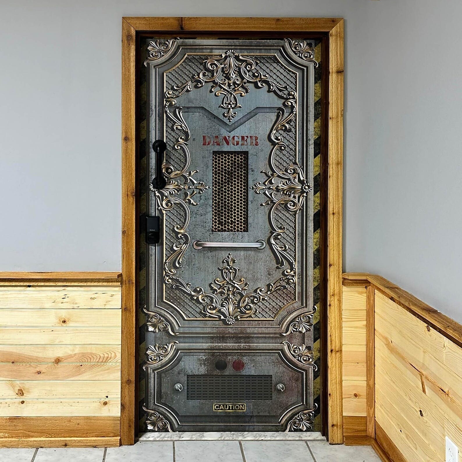 Steampunk Door Mural, Crazy Sticker, Futuristic Grunge Rusty + Golden Patterns