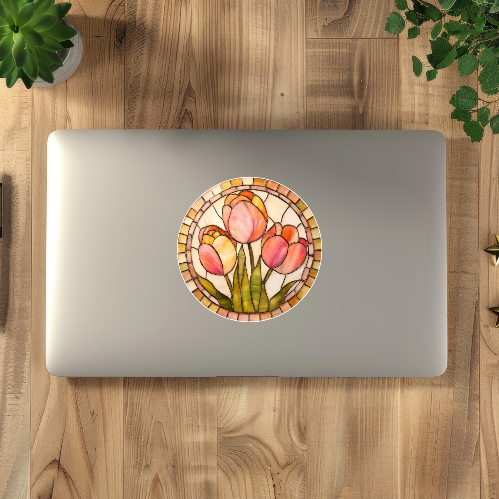 Pink Tulip Flowers Floral Spring Stained Glass Style Opaque Vinyl Sticker Decal
