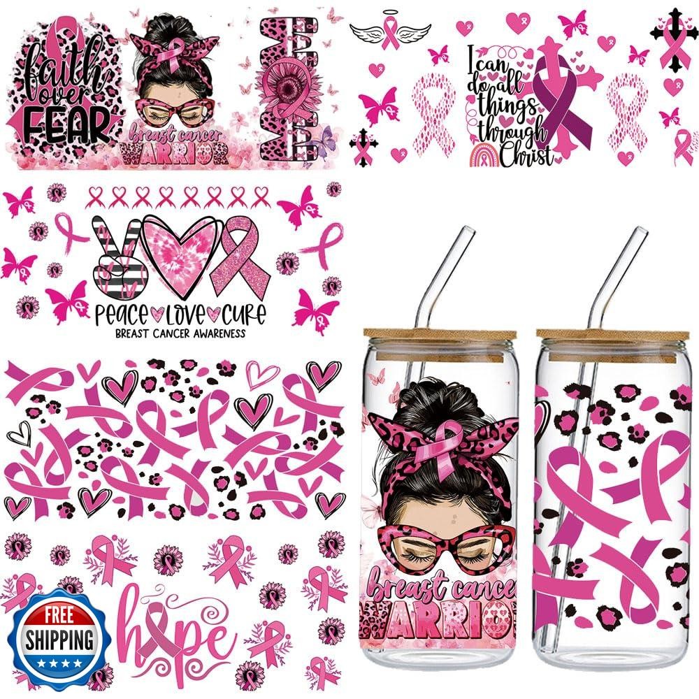 Pink Ribbon UV DTF Cup Wraps – 5 Sheet Breast Cancer Awareness UV DTF Transfe